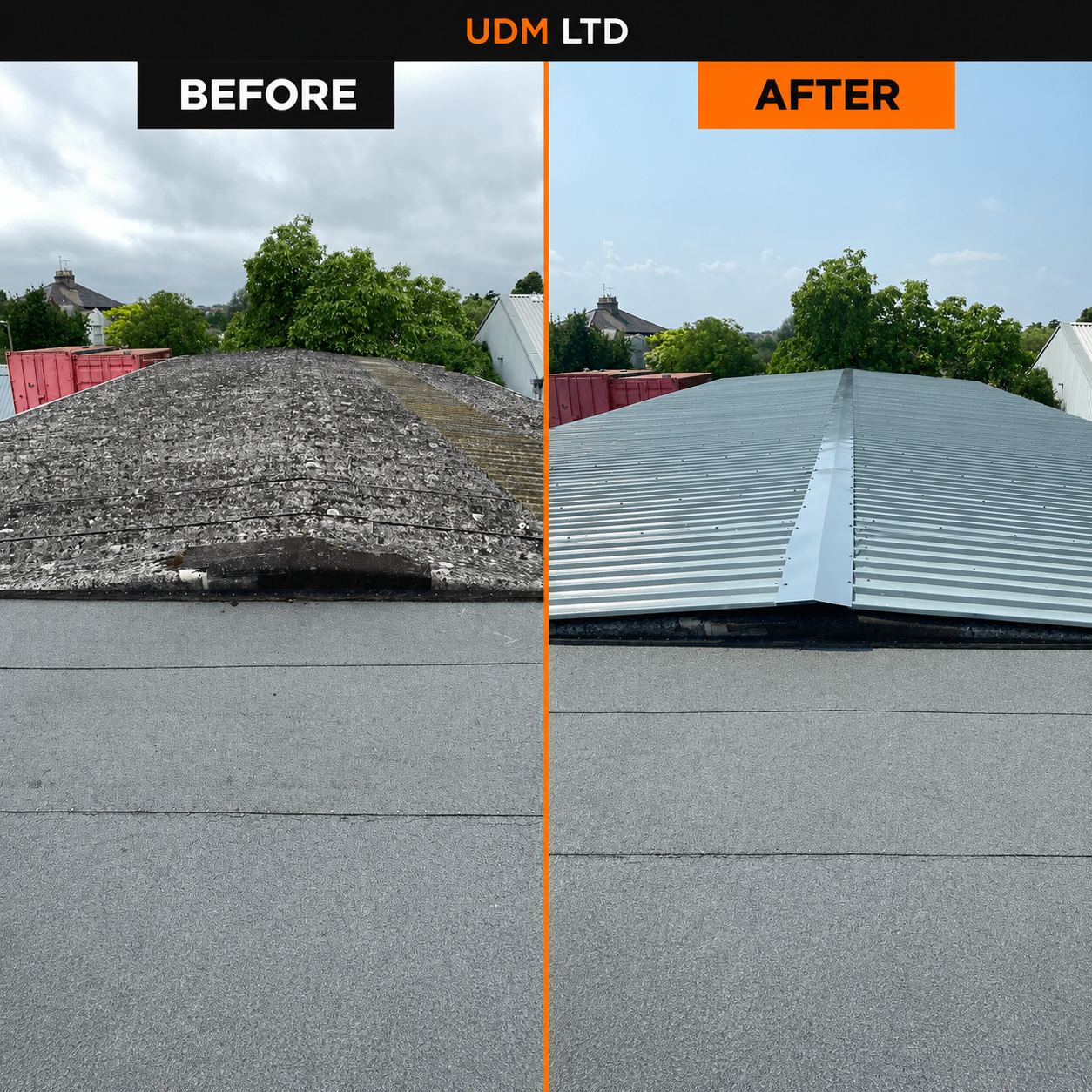 Before and after of a complete industrial roof renewal by UDM, showing a corroded original roof and the completed insulated overclad