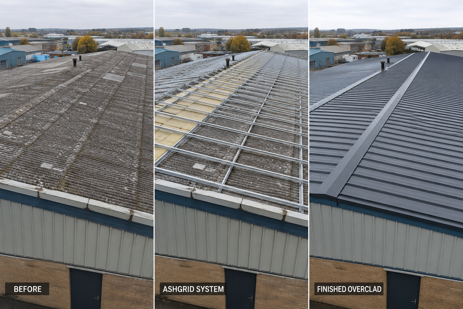 Ashgrid spacer system installed over an existing warehouse roof during a UDM overclad