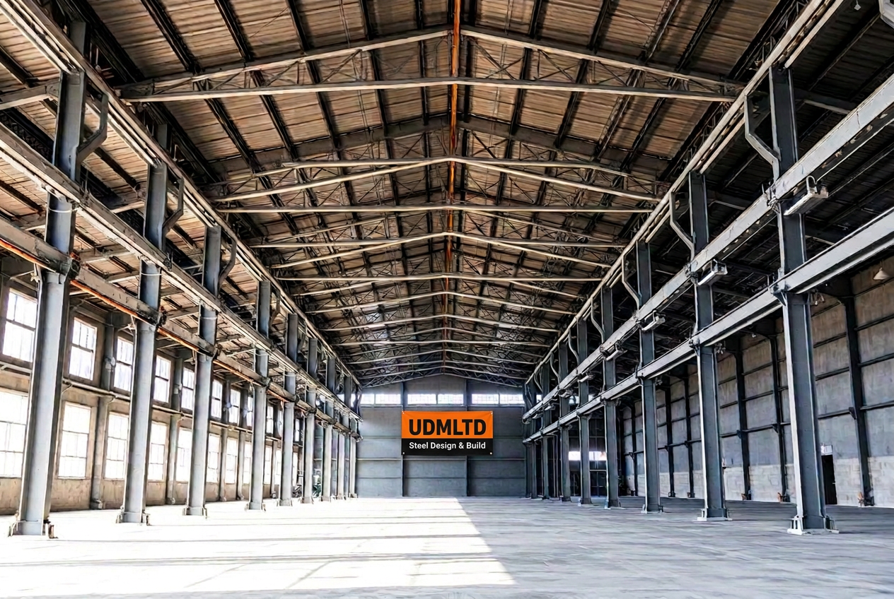Interior of a completed UDM steel framed industrial warehouse with insulated roof cladding