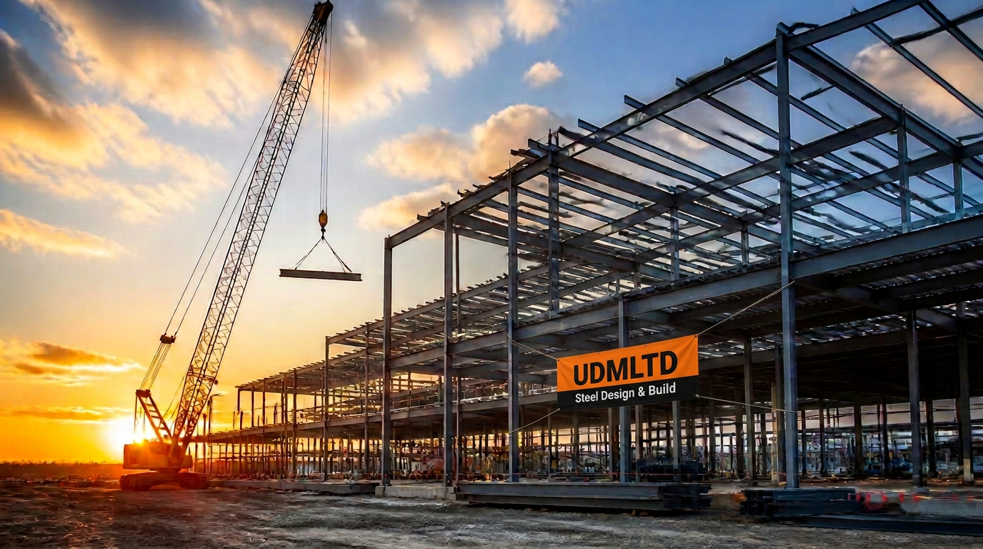 UDM structural steel portal frame warehouse under construction against an evening sky