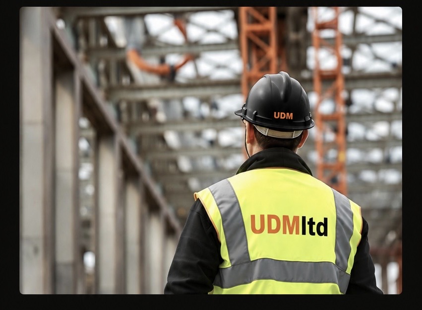 UDM operative in a black UDM hard hat and high visibility vest on a steel framed construction site